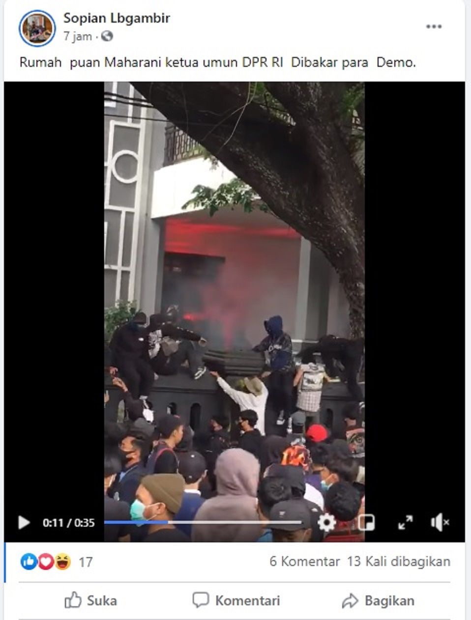 tangkap layar video yang diklaim pembakaran rumah ketua DPR RI Puan Maharani oleh pendemo kominfo.go.id