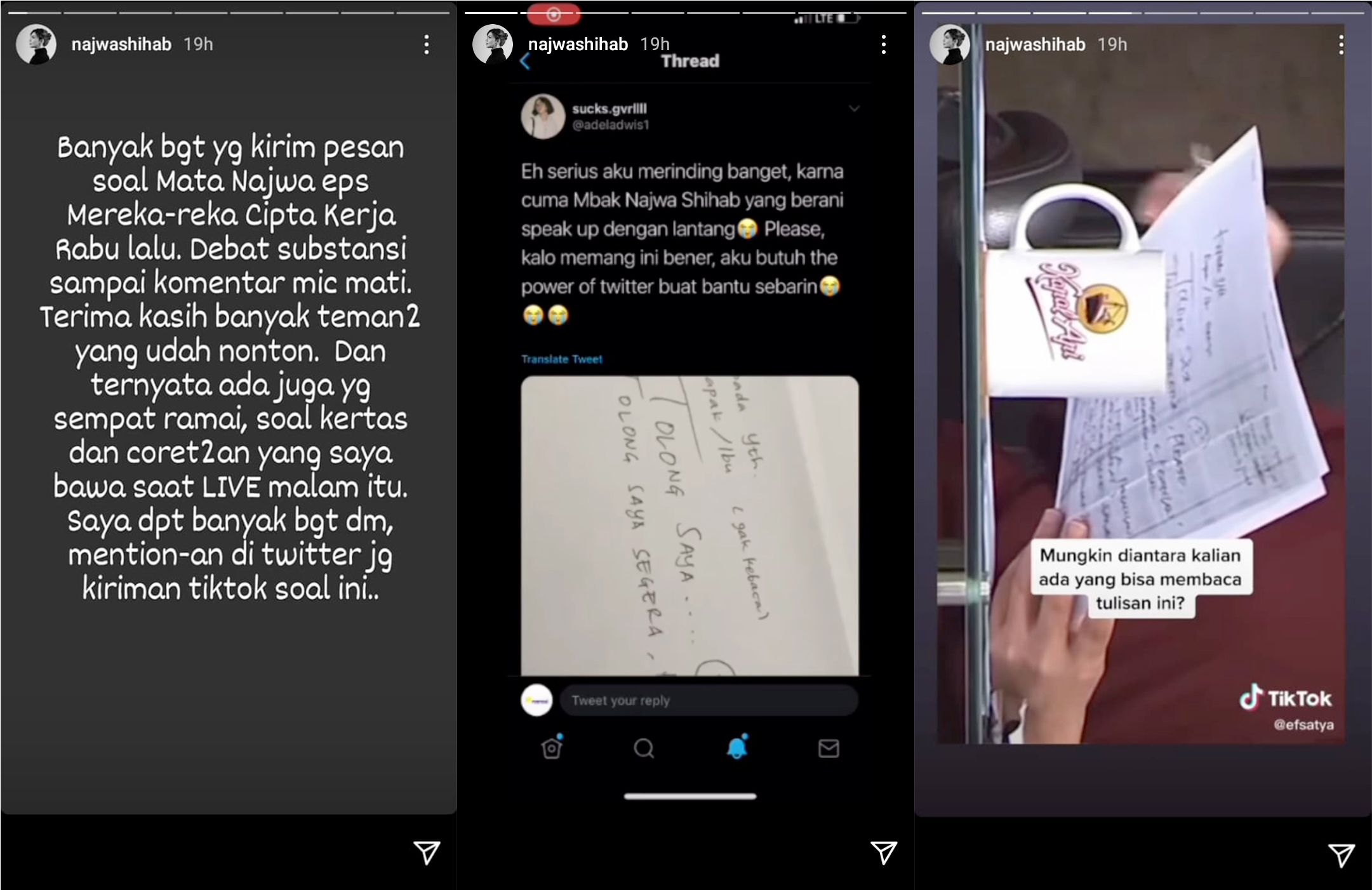 Tangkapan layar story Instagram Najwa Shihab mengenai kertas yang berisi tulisan meminta tolong yang dibawa Najwa saat Live Mata Najwa yang membahas Omnibus Law atau UU Cipta Kerja.