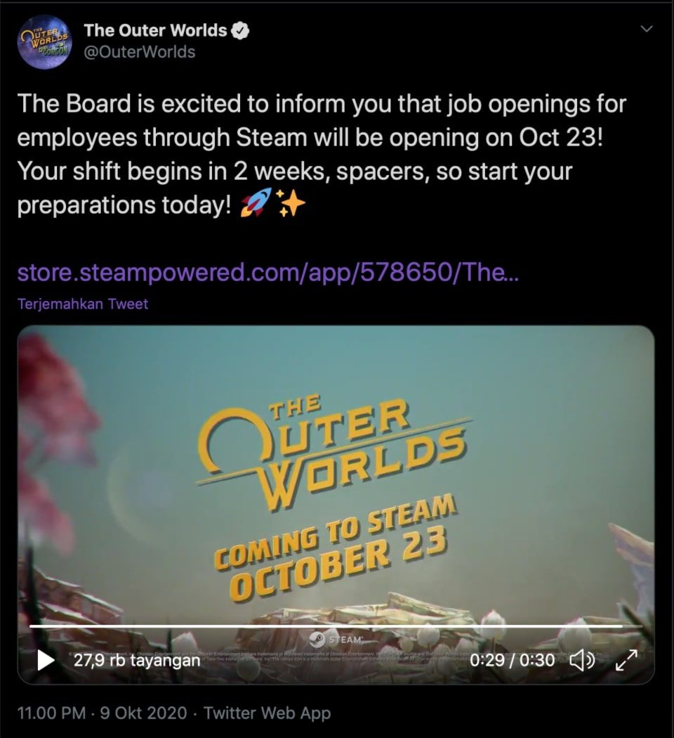 Screenshot pengumuman game The Outer World yang akan hadir di Steam (Twitter/@OuterWorlds).