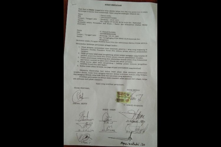 Surat kesepahaman antara ahli waris dengan pengelola pondok pesantren Nurul A'en. / Sam
