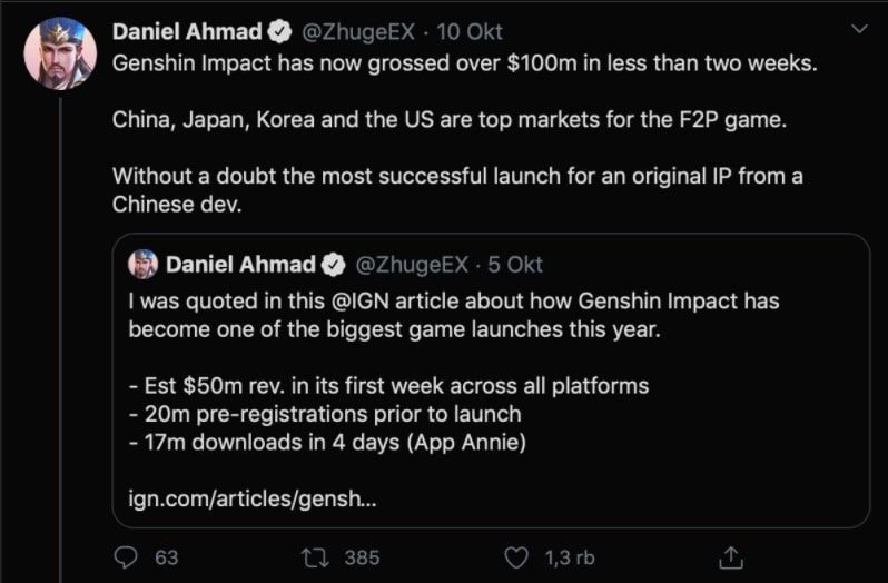 Screenshot dari pernyataan yang dibuat oleh Daniel Ahmad. (Twitter/@ZhugeEX)