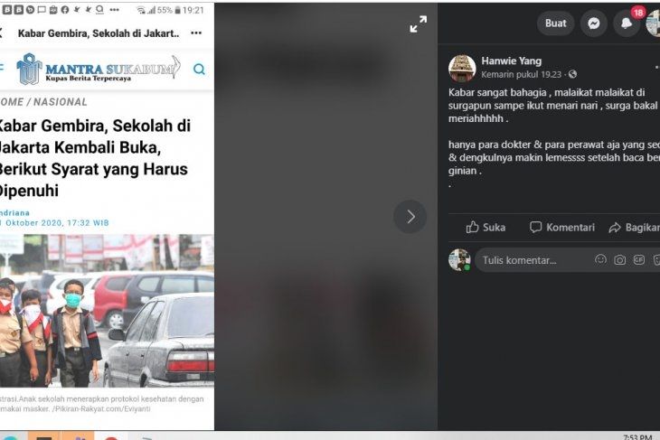 Tangkapan layar informasi hoaks yang beredar di media sosial Facebook yang menyebutkan bahwa Pemrov Jakarta akan membuka kembali pembelajaran tatap muka di masa PSBB transisi.