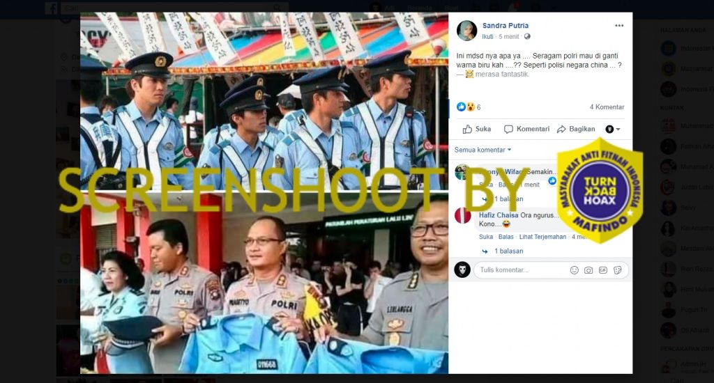 Tangkapan layar informasi hoaks di Facebook yang mengklaim bahwa Polri akan mengganti seragamnya dengan warna seragam mirip polisi Tiongkok.