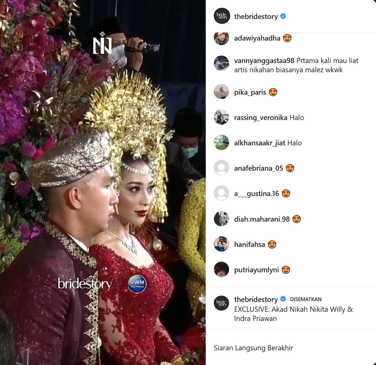 Momen pernikahan Indra Priawan dan Nikita Willy yang terekam dalam laman Instagram Bride Story.