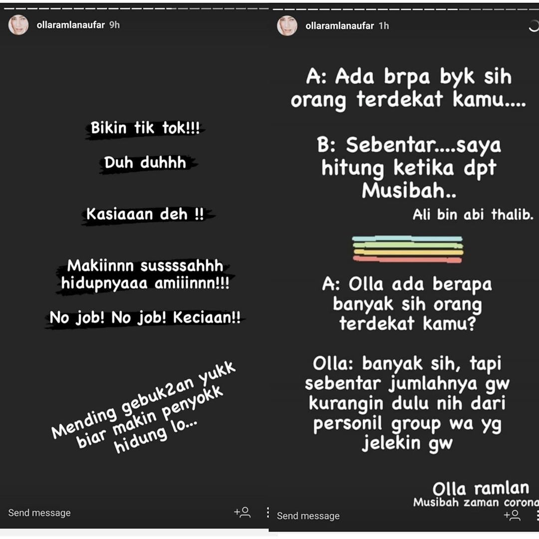 Postingan Olla Ramlan di Instagram yang beredar di akun gosip Lambe Turah