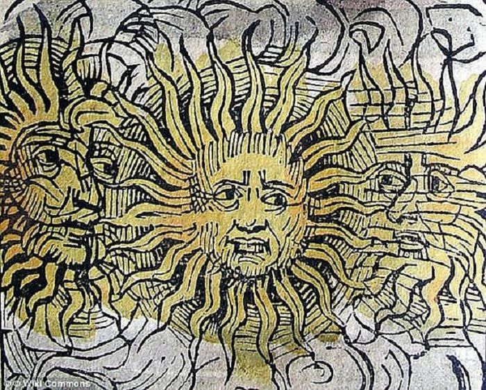 Ilustrasi fenomena 'anjing matahari' dengan tiga matahari sejajar.
