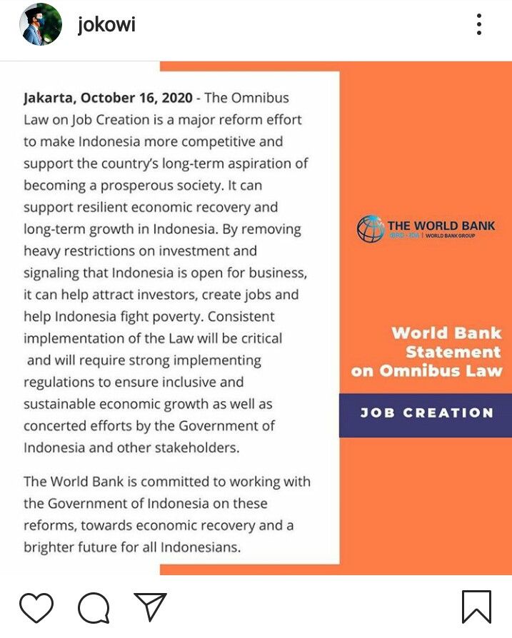 Screenshot Postingan Akun Instagram Presiden @Jokowi tentang pernyataan Bank Dunia terkait UU Cipta Kerja 