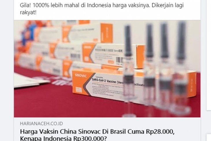 Tangkapan layar unggahan yang menyebut harga vaksin Sinovac di Brasil sebesar Rp28 ribu. (Facebook)