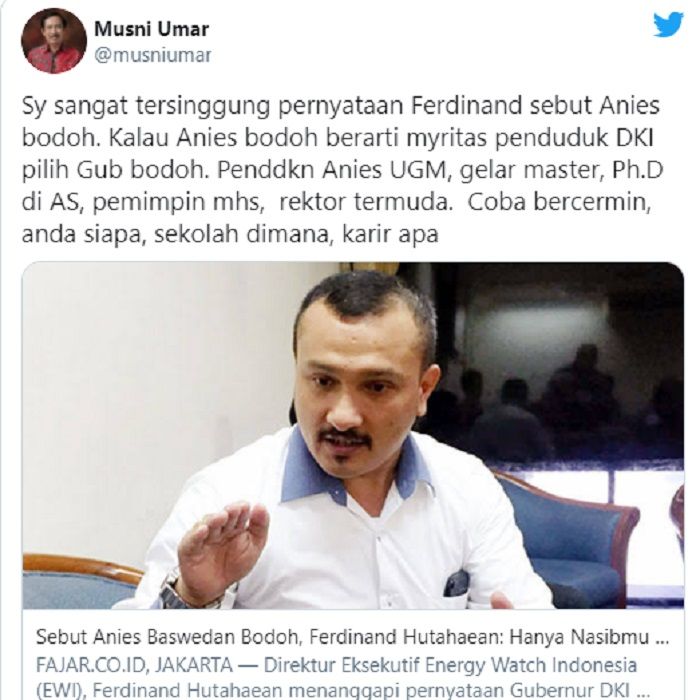 Musni Umar menanggapi cuitan Ferdinand yang tuding Anies bodoh