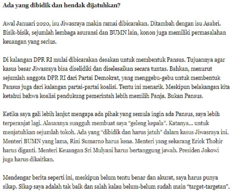 Tulisan SBY di Facebook mengenai kasus Jiwasraya dan sejumlah tokoh yang