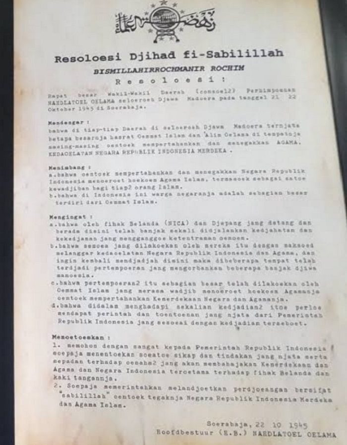Dokumen Resolusi Djihad fi Sabilillah Nahldatoel Oelama, 22 Oktober 1945.