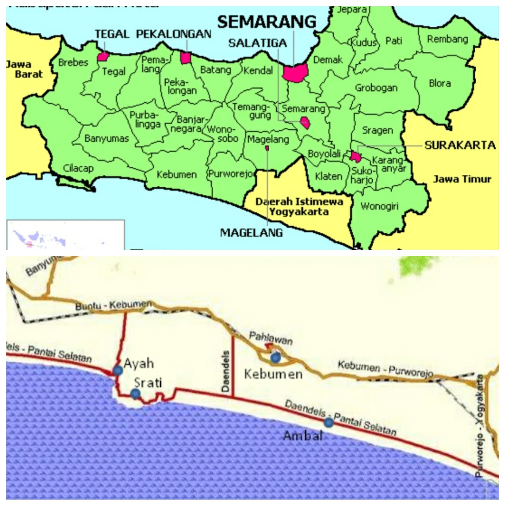 PETA jalur jalan Daendels yang menyusuri pantai Selatan Jawa Tengah.