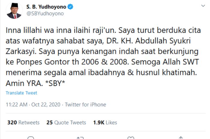 SBY ikut berduka atas meninggalnya Pimpinan Pondok Pesantren Modern Gontor KH Abdullah Syukri 