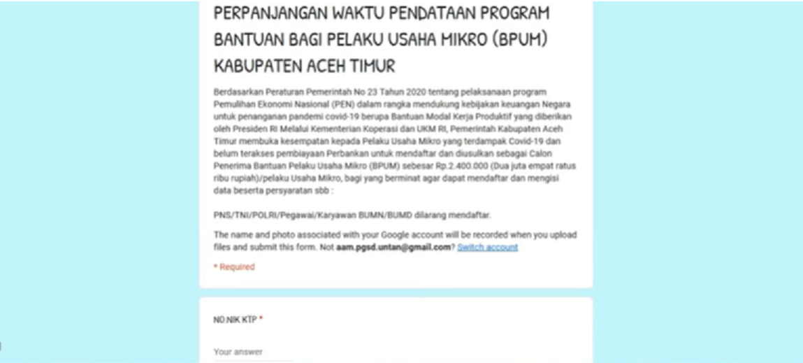 Contoh pendaftaran BLT BPUM online di dinas kabupaten Aceh Timur