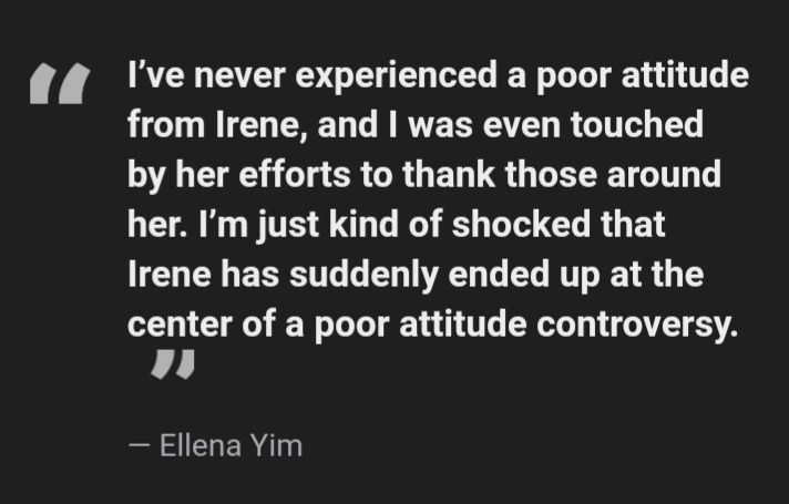 Tangkapan layar pernyayaan Ellena Yim yang membanta sikap kasar Irene