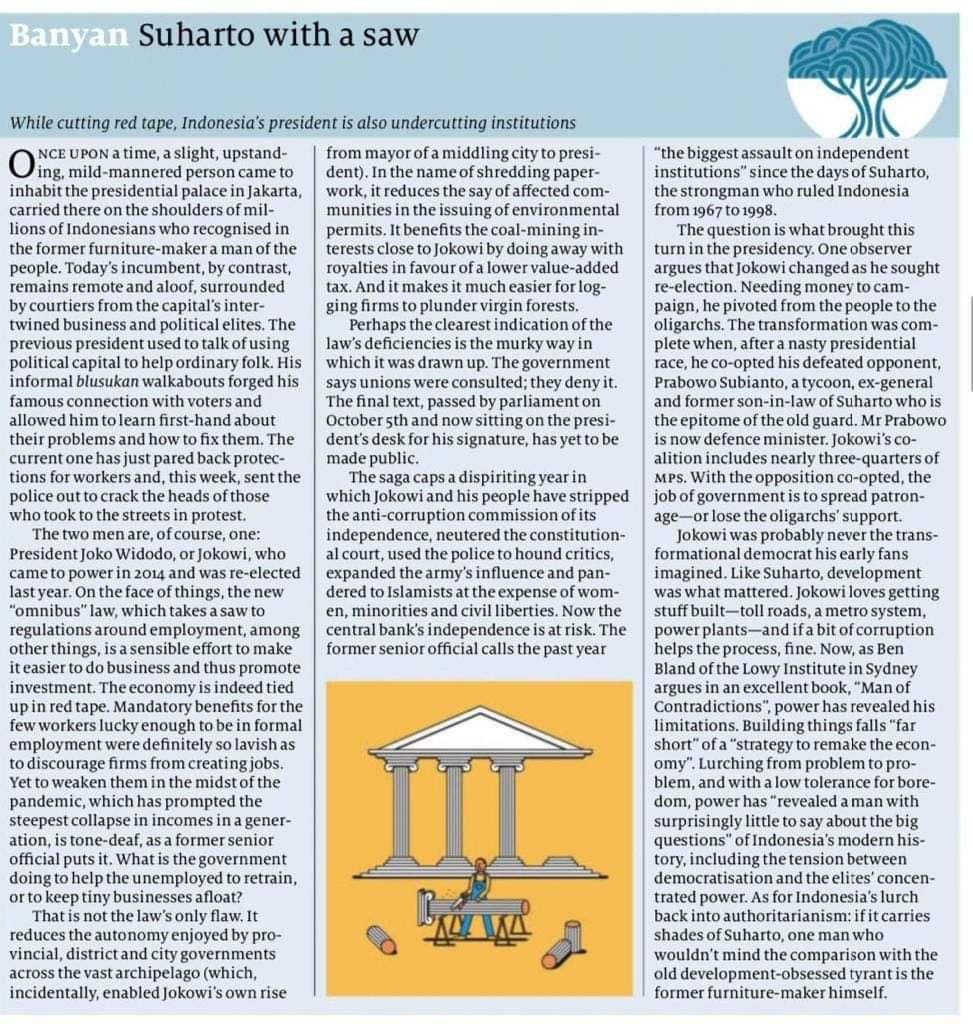 Artikel Majalah The Economist yang mengkritik pemerintahan Jokowi atas pengesahan UU Omnibus Law Ciptaker.