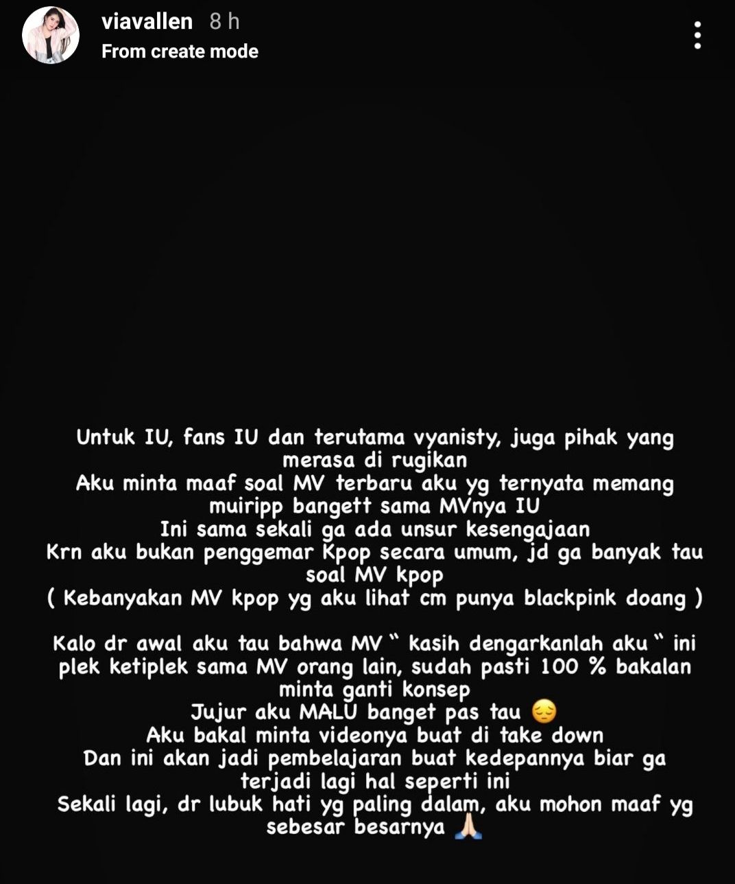 Postingan permintaan maaf Via Vallen kepada fans IU