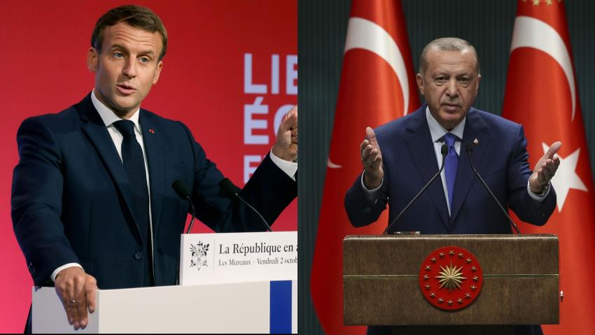 Kolase foto Emmanuel Macron dan Recep Tayyip Erdogan: Erdogan telah menyerukan warga Turki untuk memboikot semua produk Prancis setelah Macron melakukan ujaran kebencian terhadap Islam.