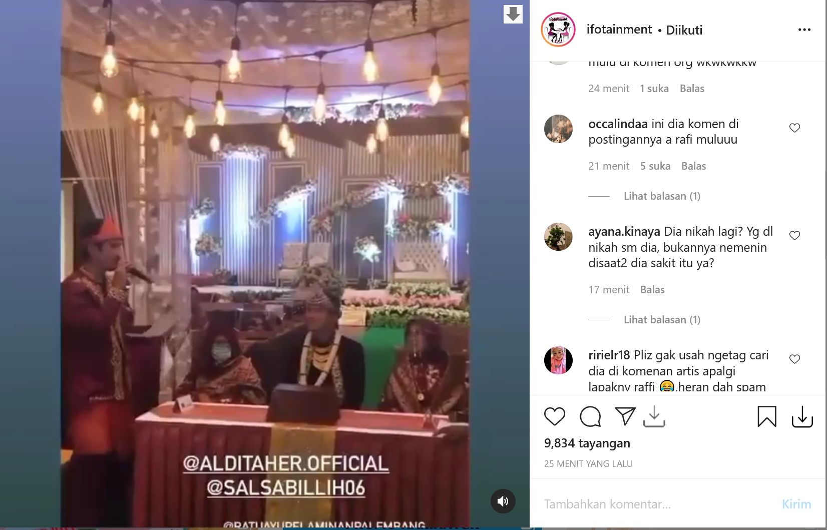 Postingan Aldi Taher menikah dengan Salsabilih yang ramai di akun gosip Instagram