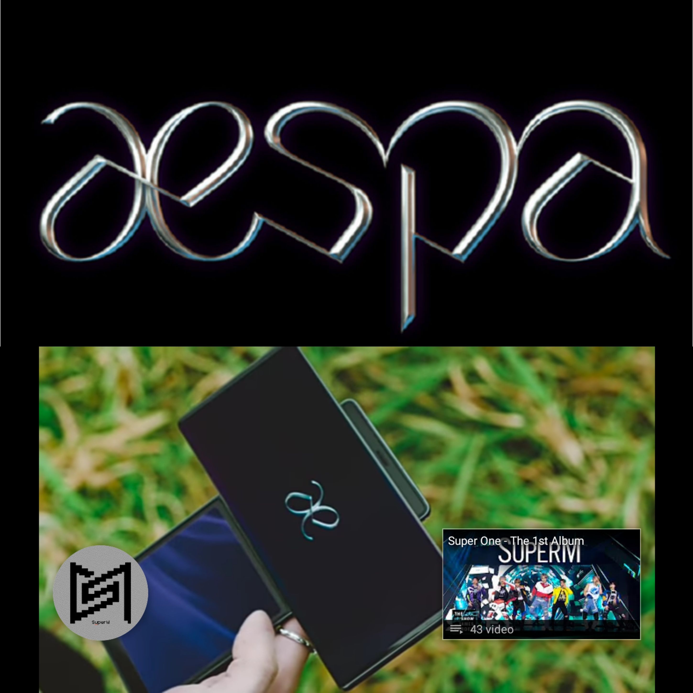 Logo girl grup 'Aespa' dan tangkapan layar Youtube video musik SuperM 'One (Monster & Infinity)'