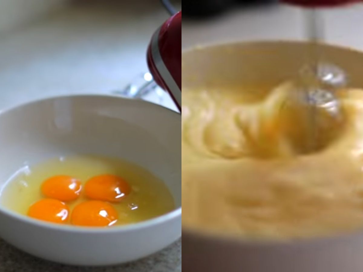 Bahan telur dikocok hingga mengembang. 
