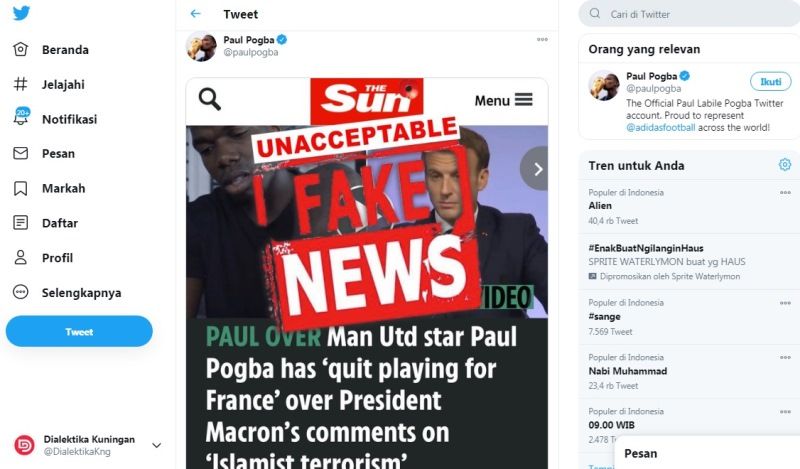 Tangkapan layar cuitan Paul Pogba di Twitter yang membantah dirinya tidak keluar dari Timnas Prancis.*