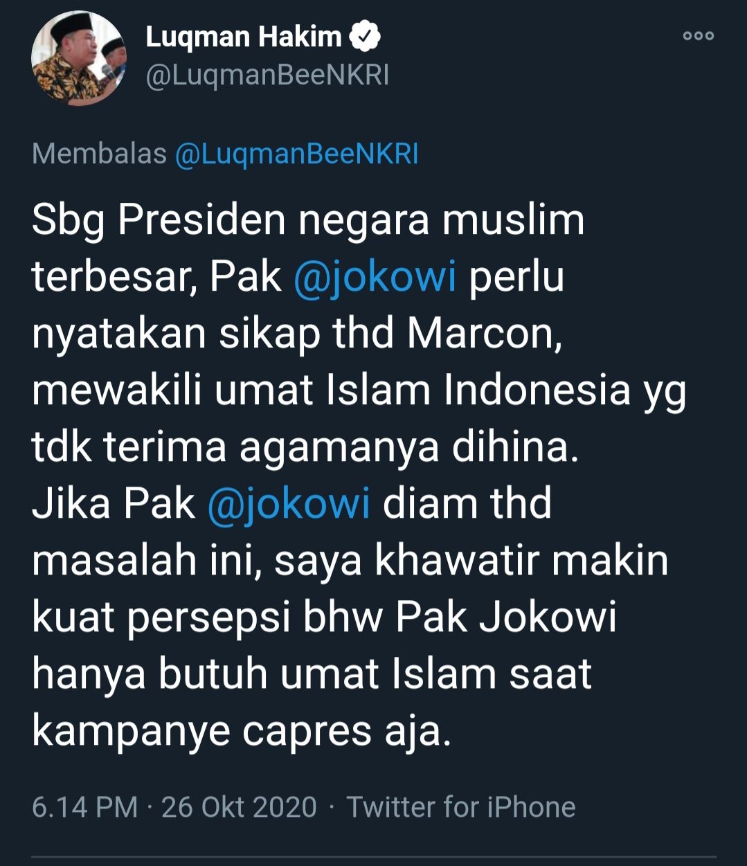 Postingan Luqman Hakim di Twitter