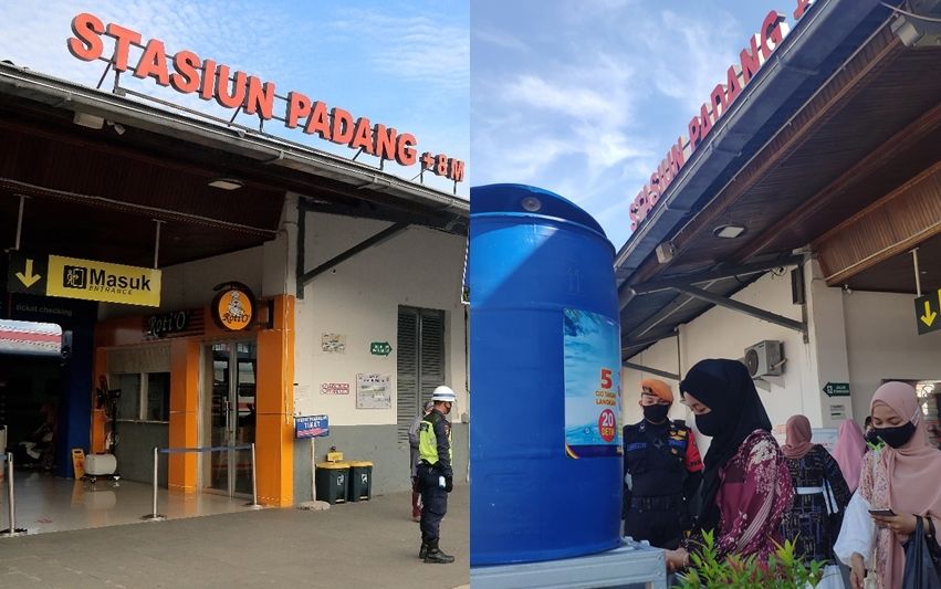 Para calon penumpang mematuhi protokol kesehatan di Stasiun Kereta Api Padang, Sumatera Barat.