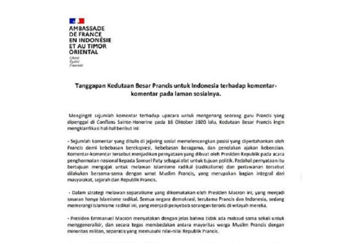 Keterangan Kedutaan Besar Prancis untuk Indonesia terhadap komentar-komentar pada laman sosialnya.*/Instagram/@franceenindonesie