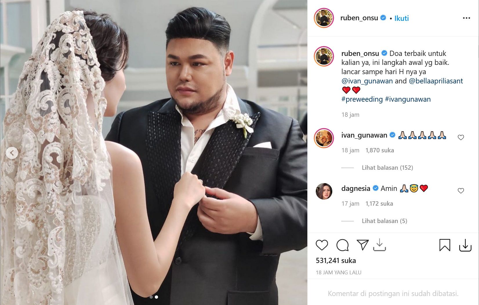 Postingan di Instagram Ruben Onsu tentang Prewedding Ivan dan Bella