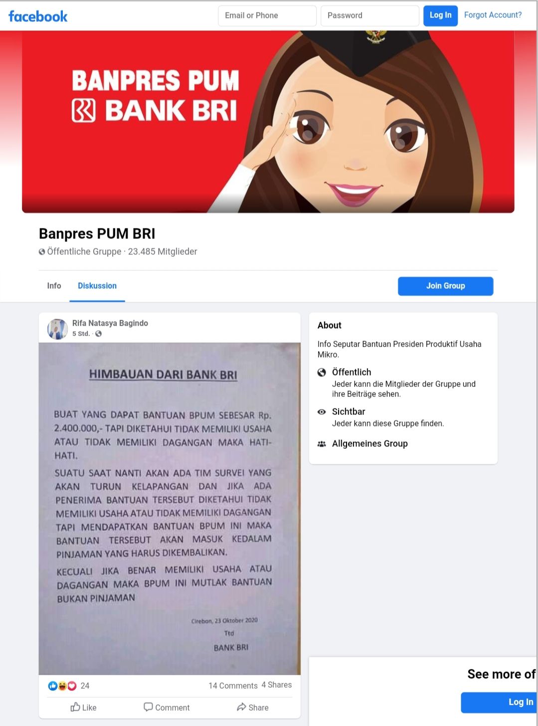 Tangkapan layar postingan himbauan dari Bank BRI