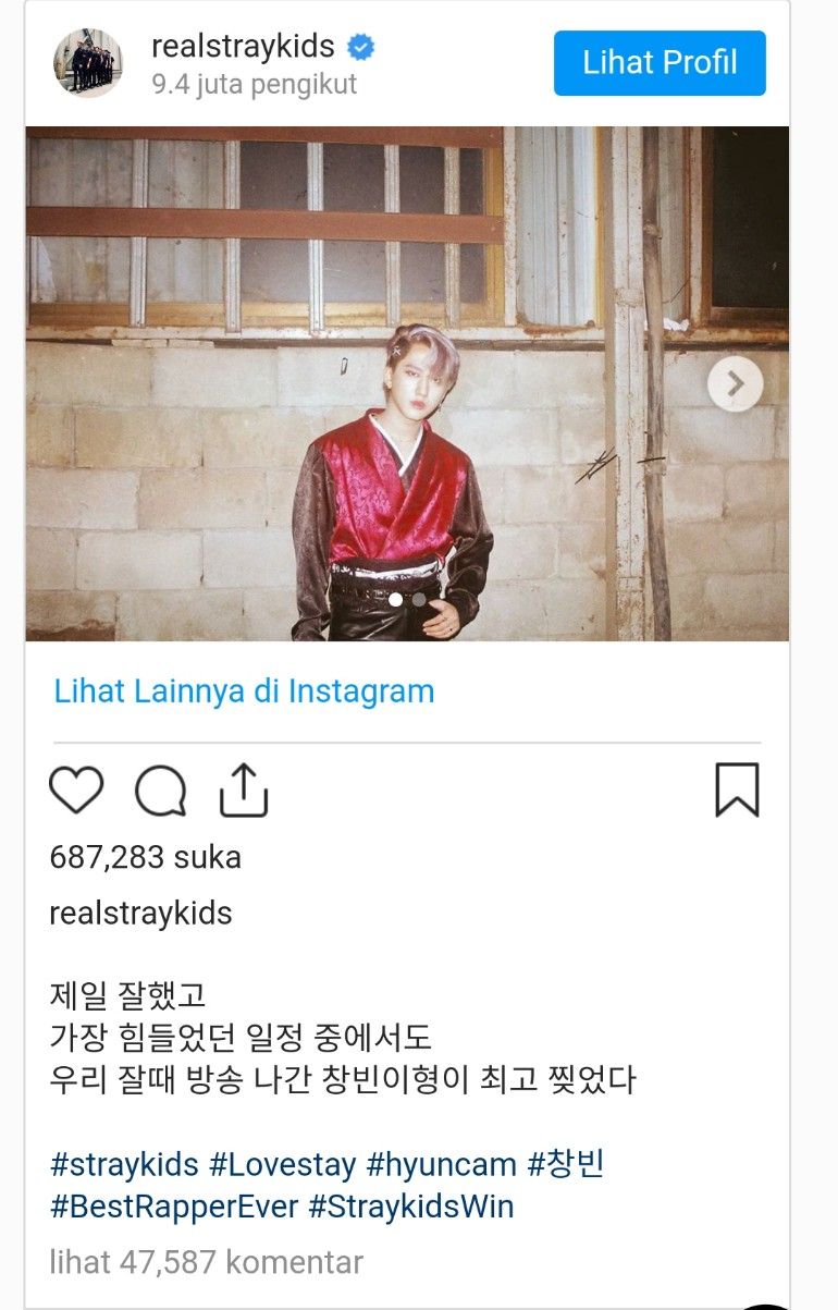 Postingan Instagram Hyunjin di akun resmi Stray Kids
