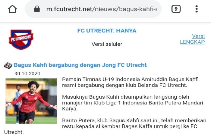 Media tidak resmi FC Utrecht mengabarkan bahwa Bagus Kahfi telah resmi bergabung dengan klub Belanda itu.