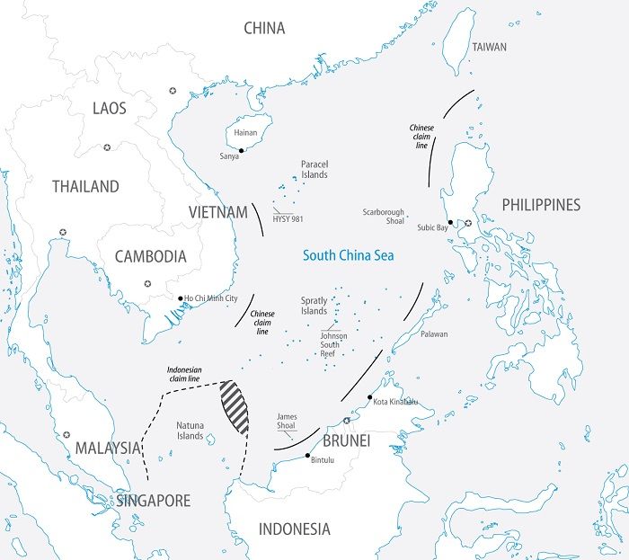 Arsiran menunjukkan sebagian ZEE Indonesia di Natuna Utara masuk dalam klaim Nine Dash Line China