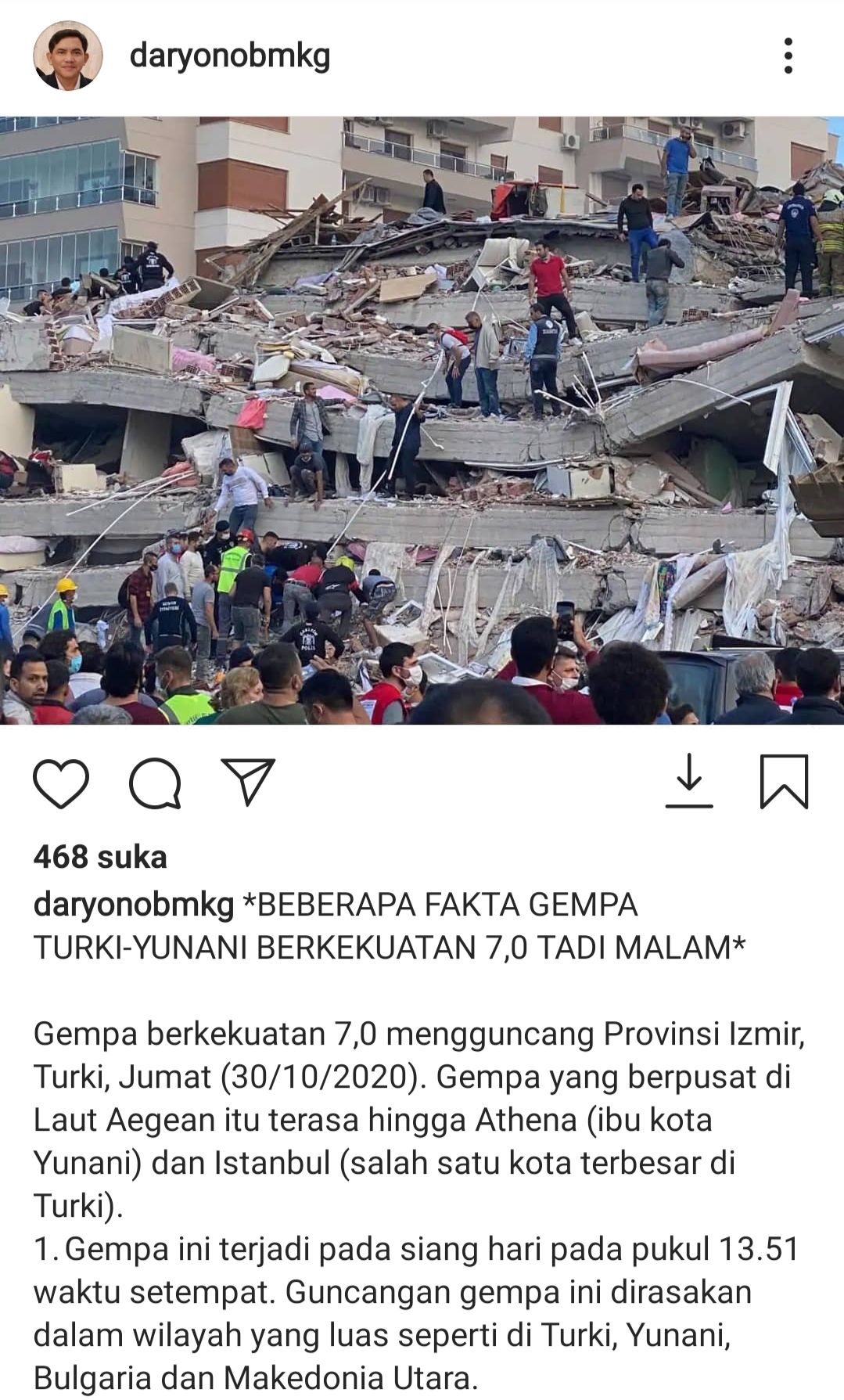 Postingan Daryono terkait gempa Turki berkekuatan 7,0