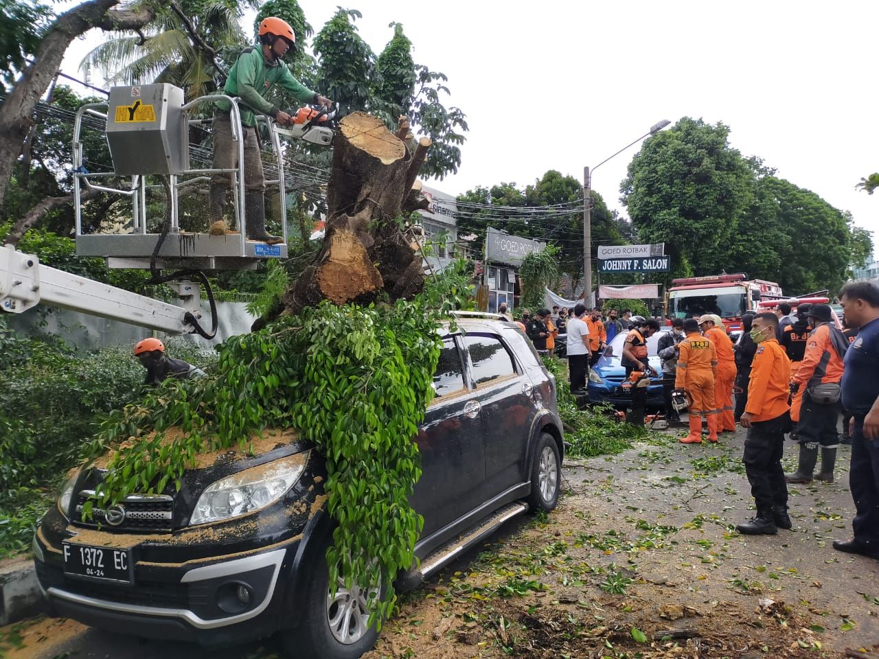 Sebuah kendaraan ringsek akibat tertimpa pohon tumbang di Jalan Dadalim, Tanah Sereal, Kota Bogor, Senin 2 November 2020