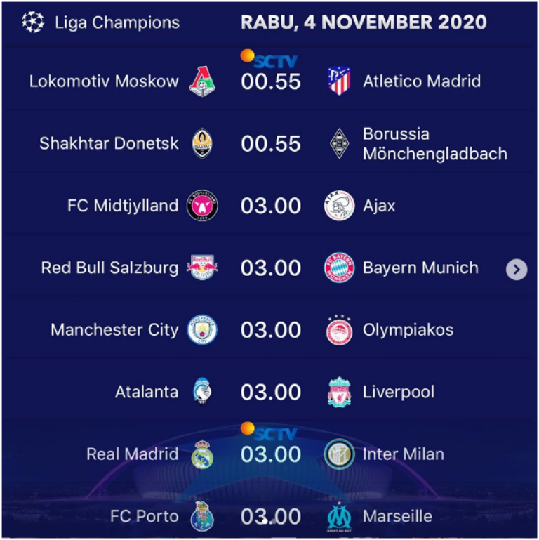 Berikut jadwal tv liga champions lengkap 4 November 2020.*