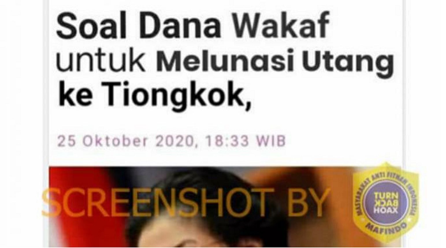 Tangkapan layar yang menyebut jika Megawati Soekarnoputri meminta Sri Mulyani melunasi utang ke Tiongkok memakai dana wakaf.