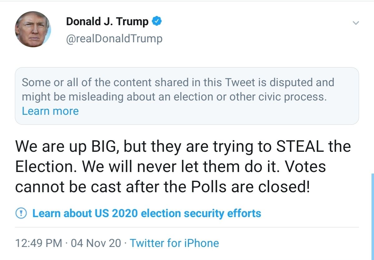 Tangkapan layar Cuitan Donald Trump soal pemilihan presiden Amerika yang disembunyikan Twitter