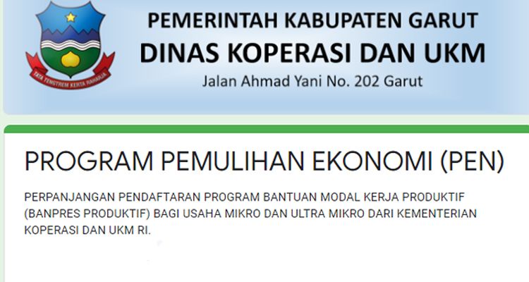 Tampilan formulir online pendaftaran bantuan UMKM di Kabupaten Garut.