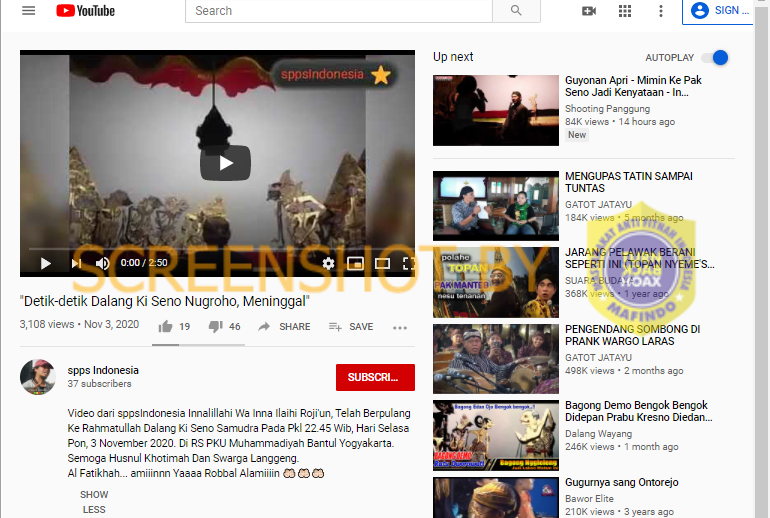 tangkapan layar youtube hoaks menyebutkan Ki Seno menginggal saat mendalang
