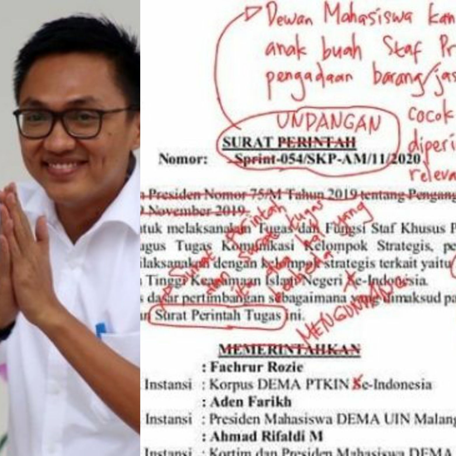 Kolase Foto: Staf Khusus Milenial Presiden Aminuddin Ma'ruf mengeluarkan surat perintah kepada mahasiswa 