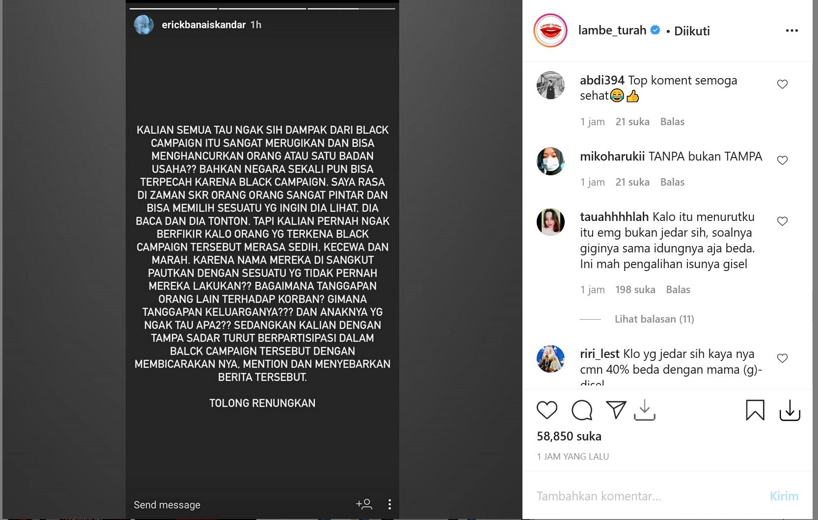 Status Erick Iskandar yang diposting ulang Lambe Turah
