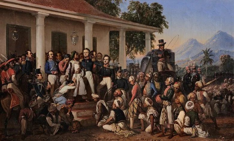 Pangeran Diponegoro saat ditangkap oleh Letnan Jenderal Hendrik Merkus de Kock tanggal 28 Maret 1830 dalam lukisan karya Raden Saleh.
