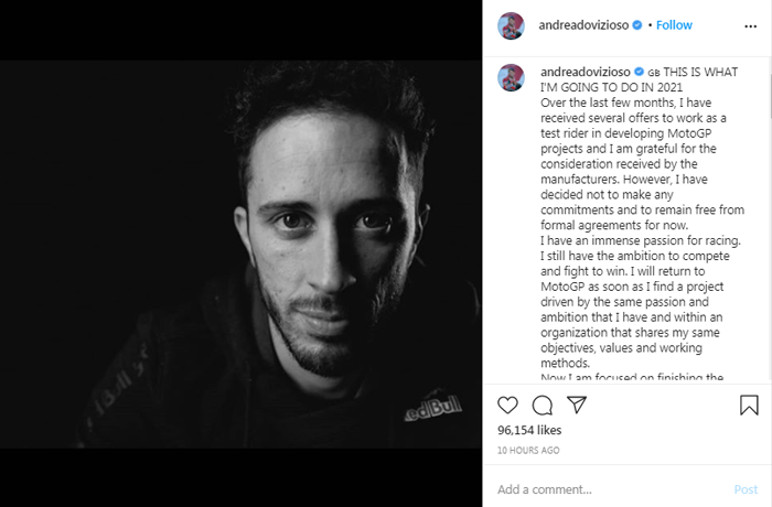 Unggahan Instagram pribadi Andrea Dovizioso.*