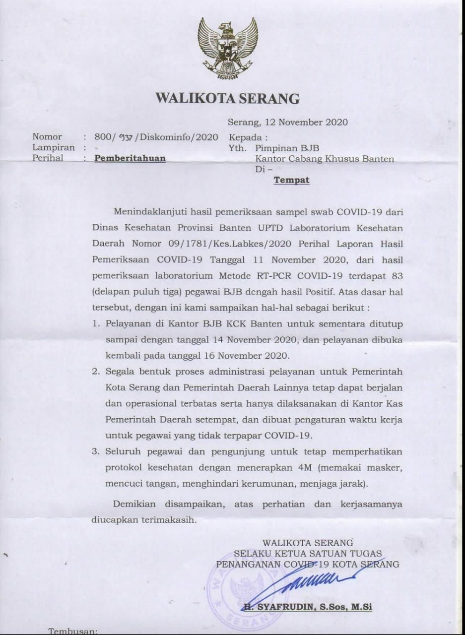 Surat Pemberitahuan Ketua Gugus Tugas Covid-19 Kota Serang Syafrudin. 
