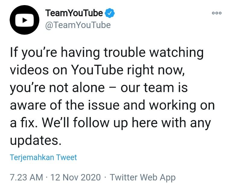 Tangkapan layar tanggapan pihak YouTube di akun Twitter-nya.