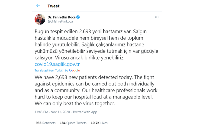 Postingan Menteri Kesehatan, Dr. Fahrettin Koca di Twitter