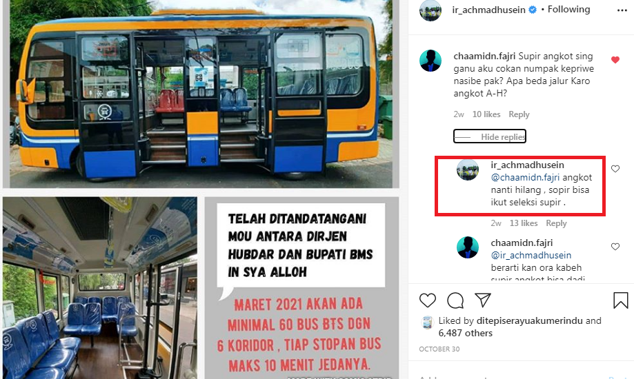 Tangkapan layar komentar Bupati Banyumas Achmad Husein di instagram.