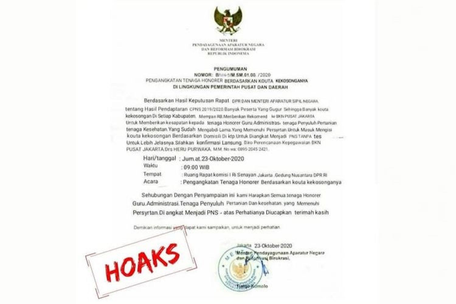 Tangkap layar surat yang diklaim dari Kementerian PANRB yang akan mengangkat tenagah honorer jadi PNS tanpa tes